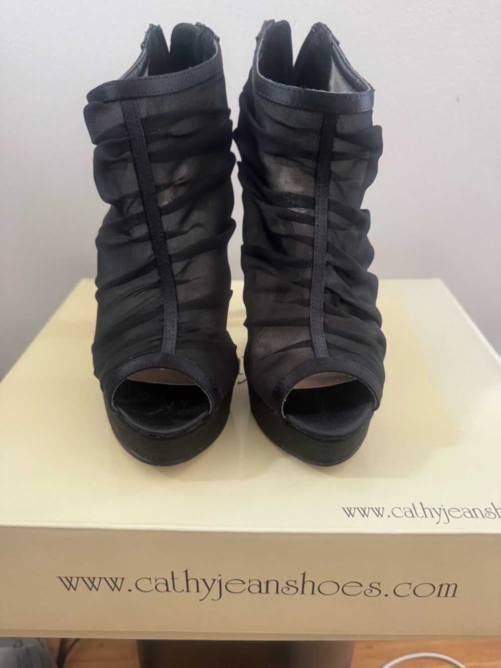 Black Ruched Peep-Toe Heeled Booties